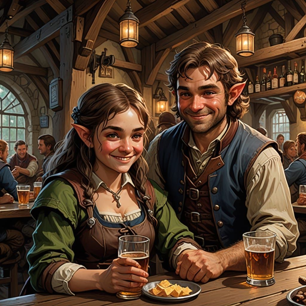 Vibrant Halfling Tavernkeepers in Joyful Realism