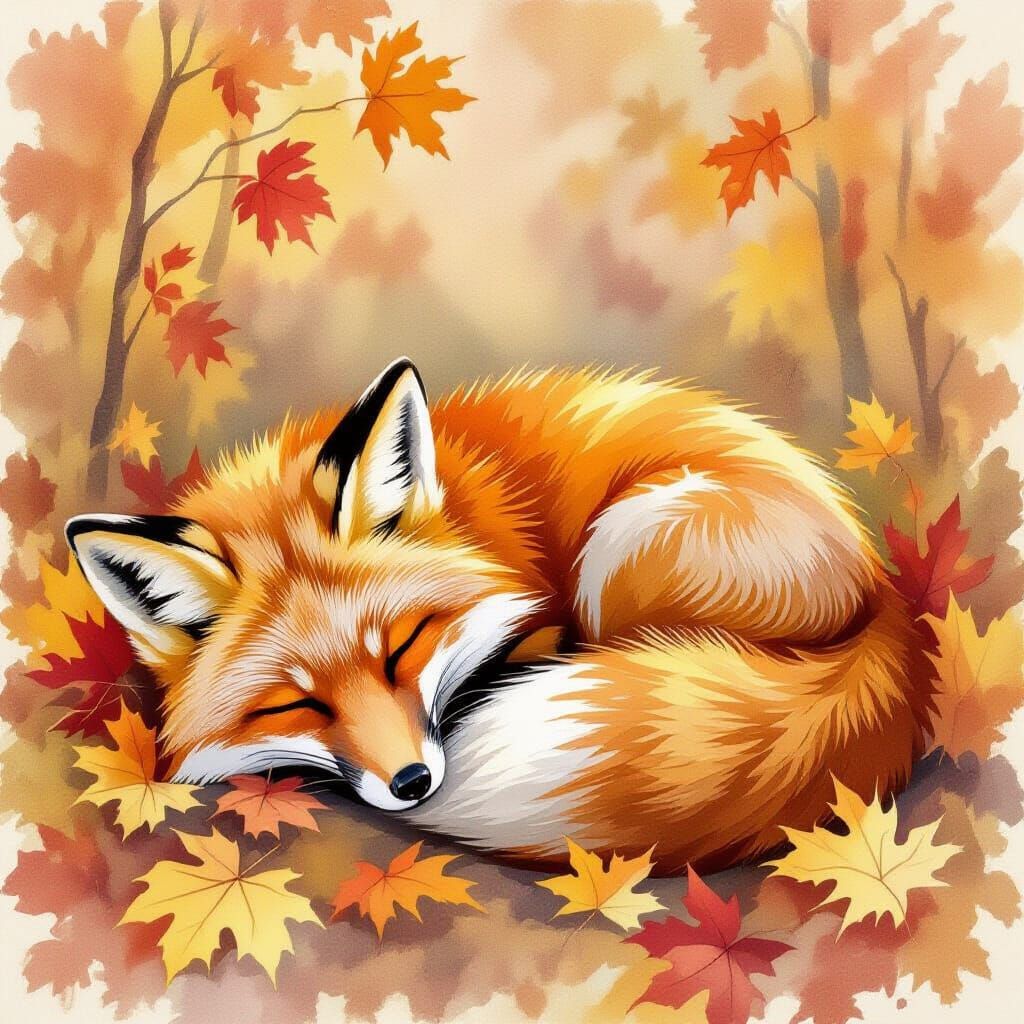 Peaceful Fox Asleep in Autumn Leaves Watercolor
