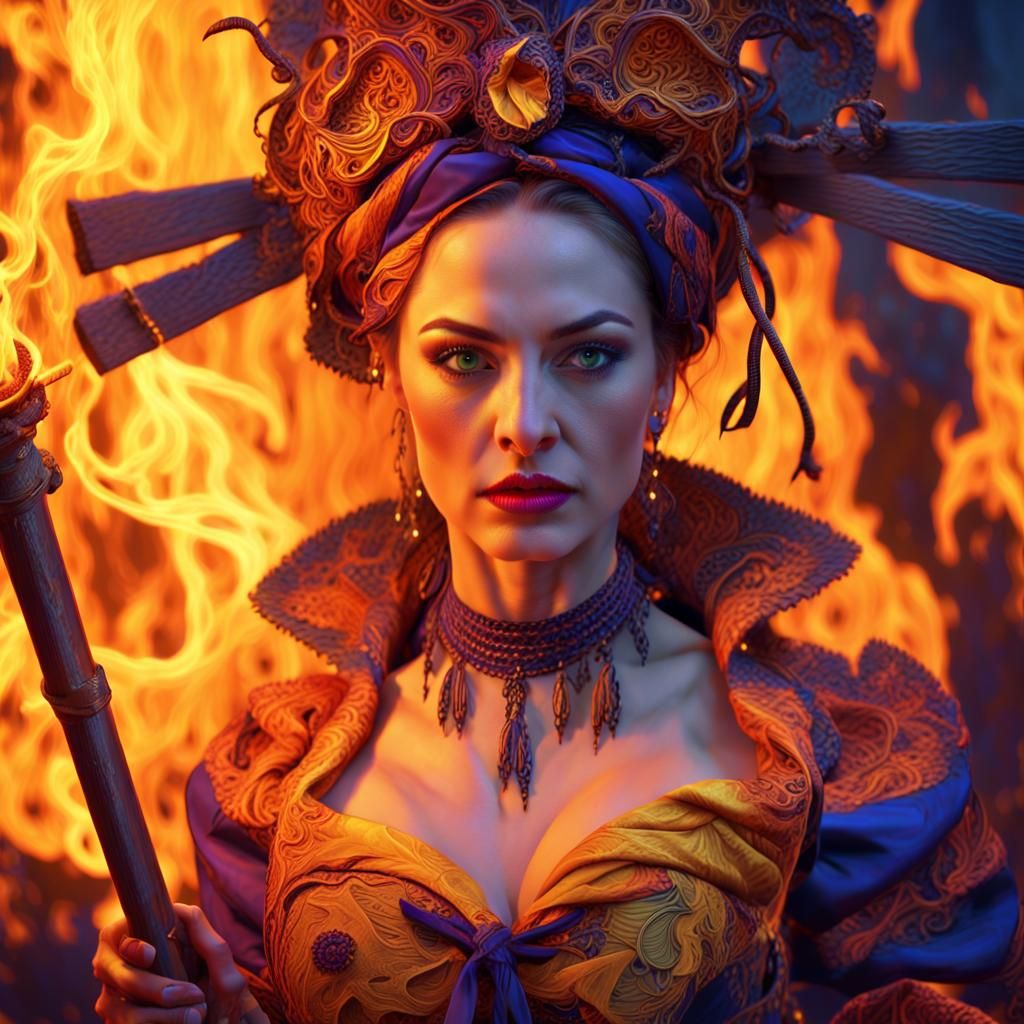 Woman at Stake in Roaring Flames: Fantasy Concept Art