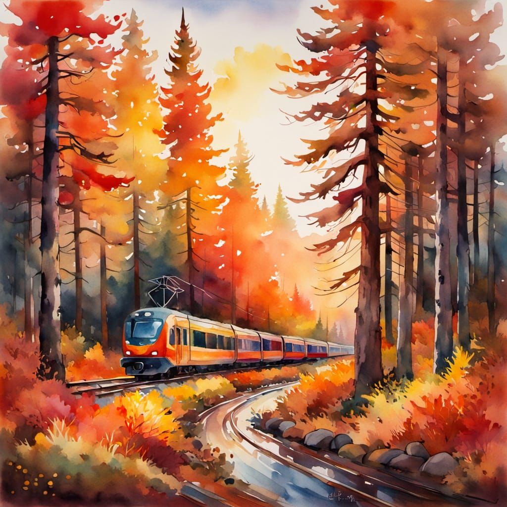 Autumn Train in Forest: Watercolor Impressionism