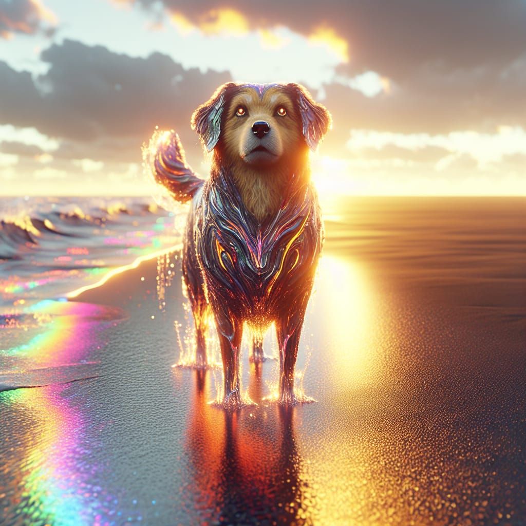 Rainbow Water Dog on Endless Beach: Photorealistic 8K