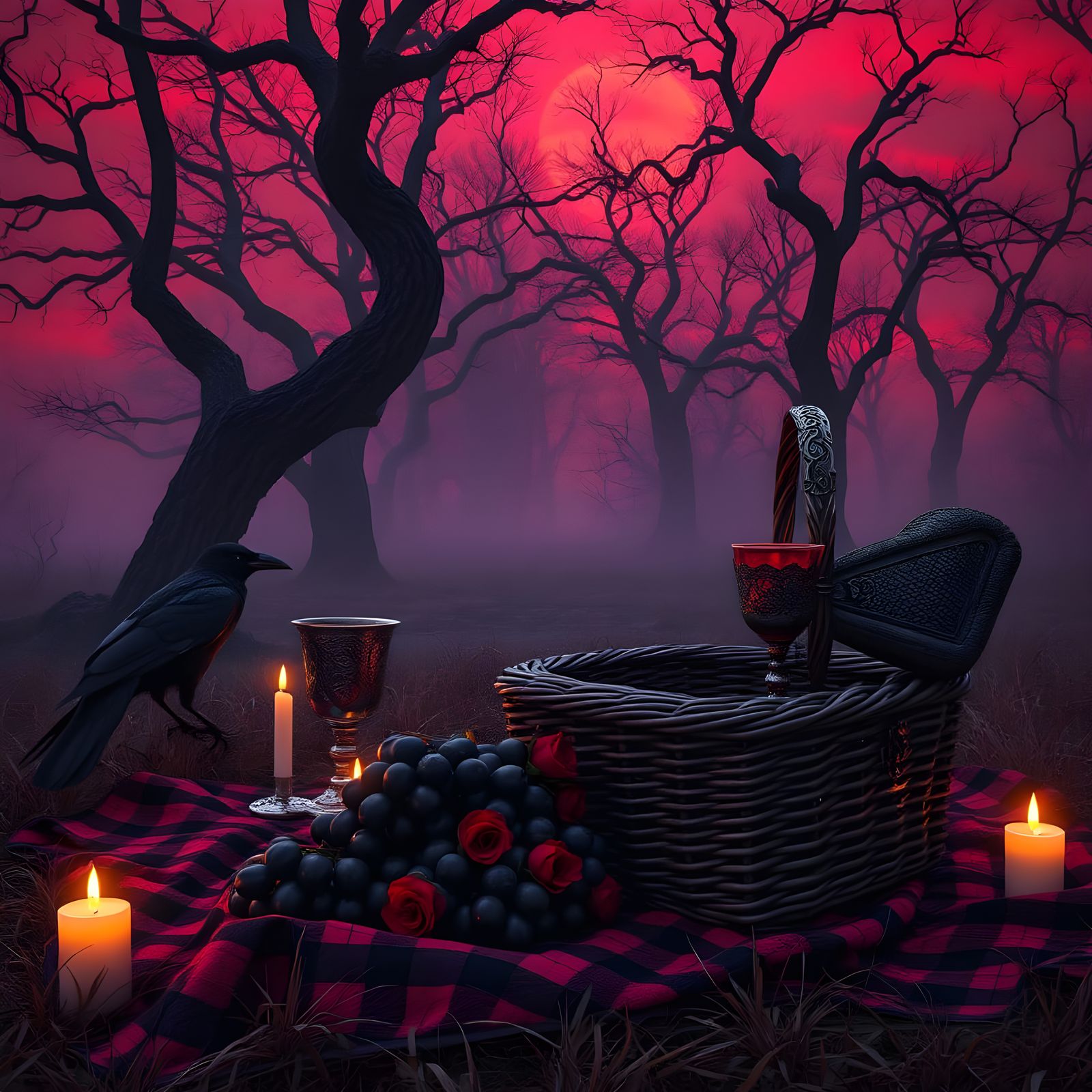 Dark Fantasy Picnic Scene in a Gothic Forest