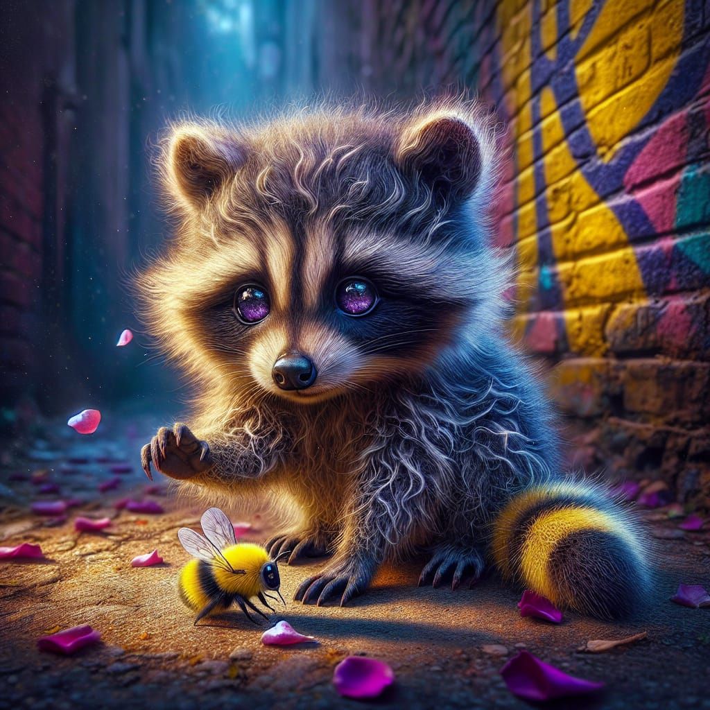 Baby Raccoon and Bumblebee in Surreal Alleyway