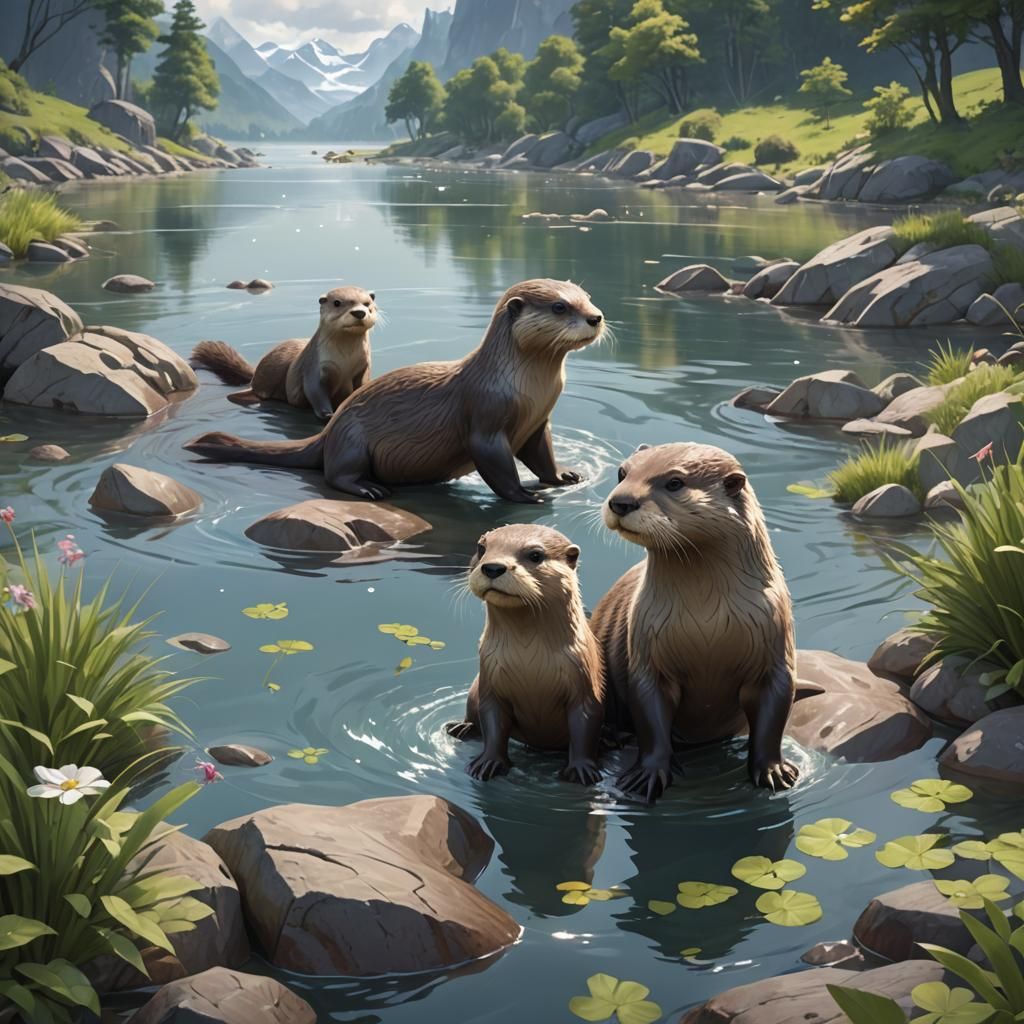 Cute River Otters Playing: 3D Anime Art