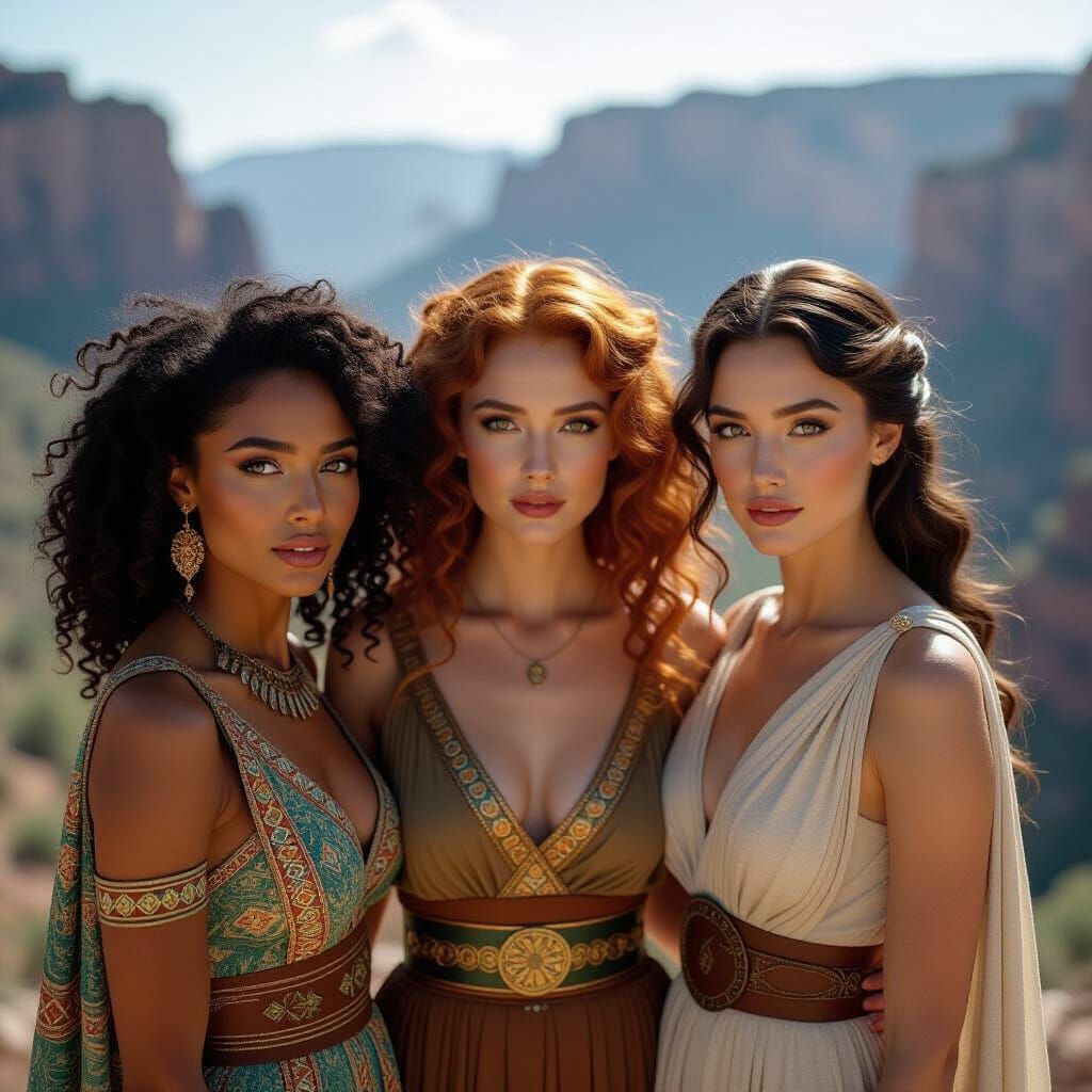 Women in Ancient Attire in Caldera, Cinematic Film Still