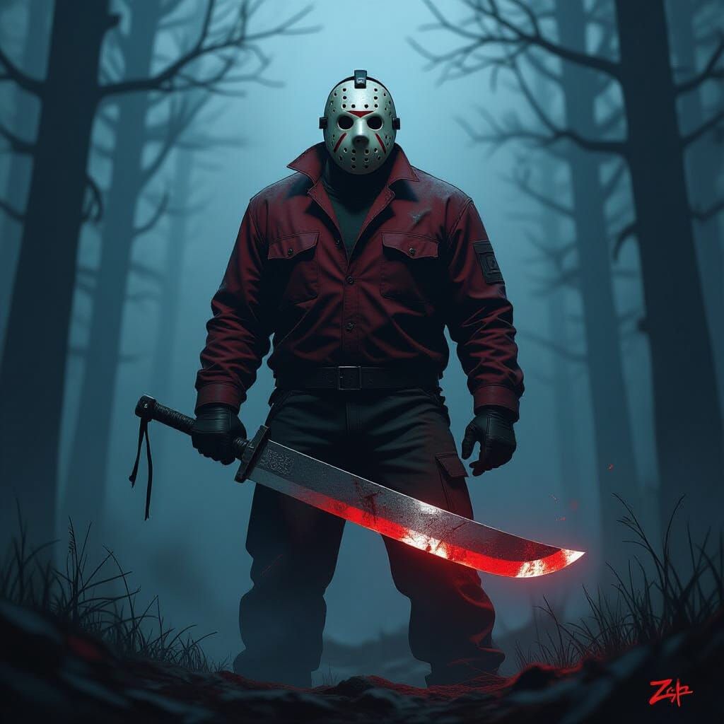 Jason Voorhees Dark Fantasy Horror Portrait with Gleaming Ma...