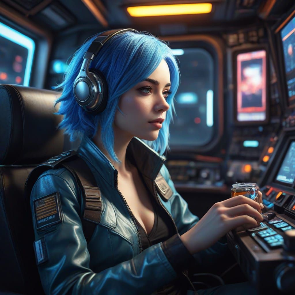 Blue-Haired Captain in Futuristic Cockpit, Digital Art