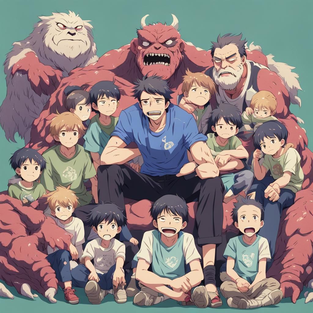 Tired Monster Dad Surrounded by Anime Kids