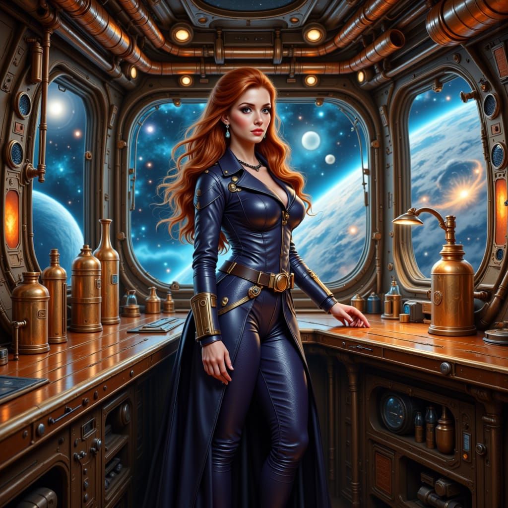 Victorian Steampunk Scientist in Outer Space Laboratory