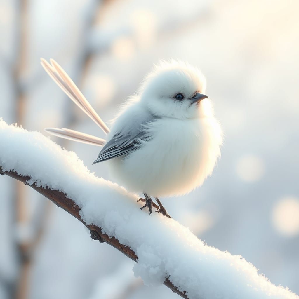 Shima Enaga Bird on Snowy Branch in Ethereal Style
