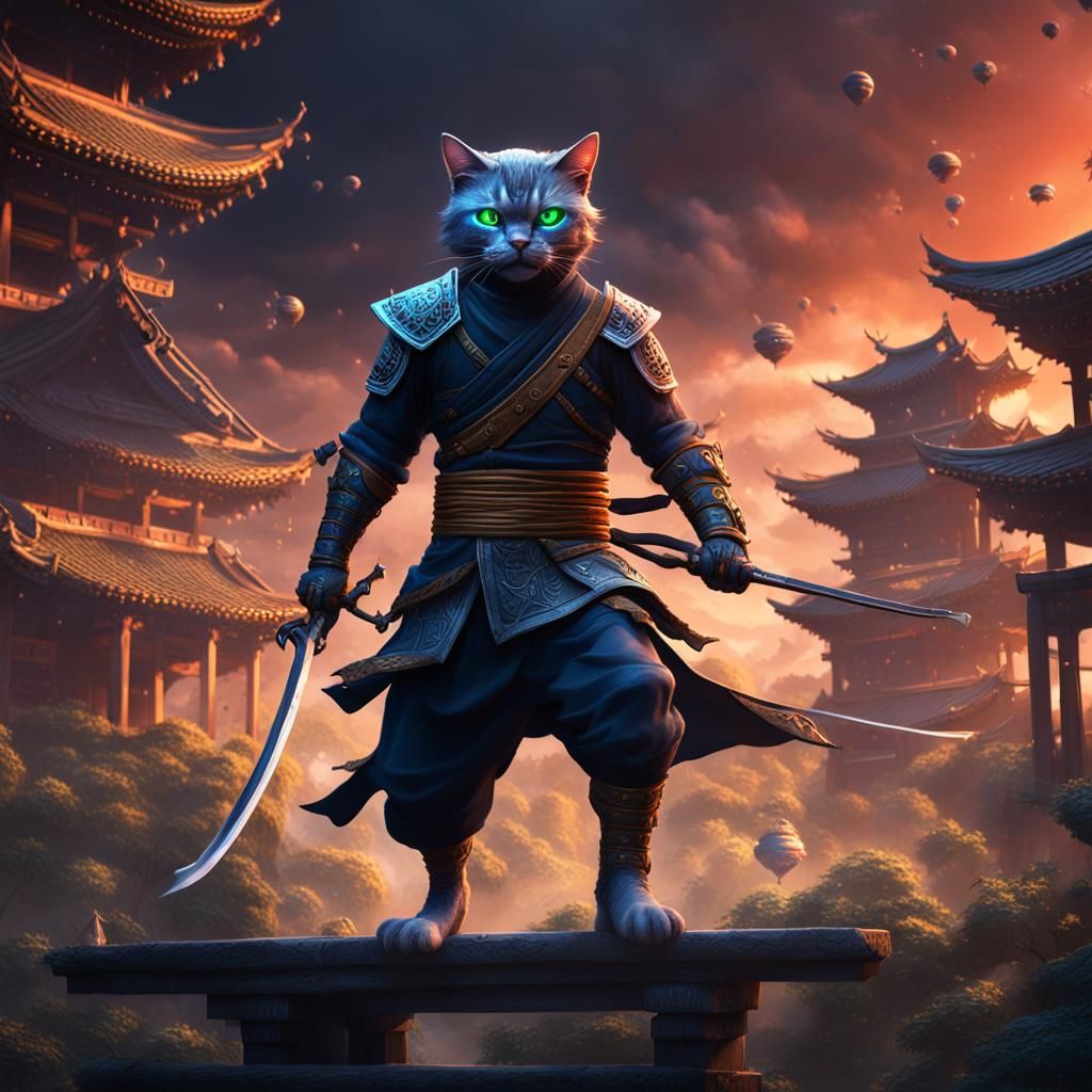 Ninja Cat Fantasy Concept Art in 8k