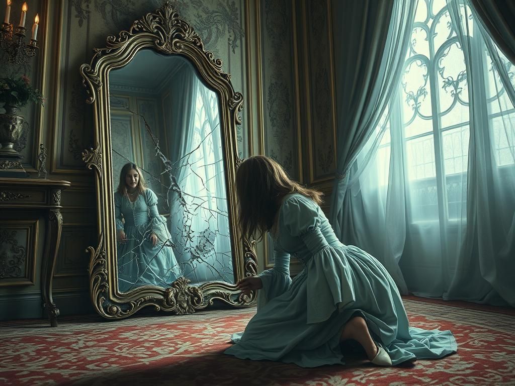 Scared Woman in Victorian Room with Smashed Mirror
