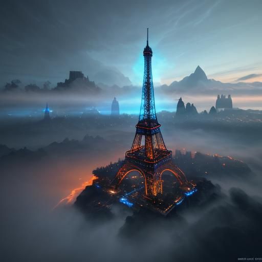 Eiffel Tower in Ethereal Clouds: Fantasy Concept Art