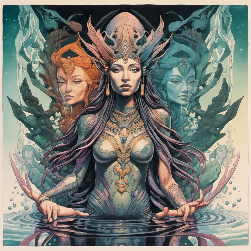 Goddesses Meet in Scandinavian River: Black Ink Art