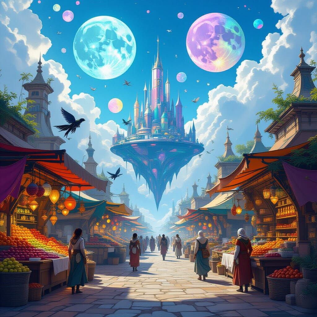 Floating Island Marketplace With Colorful Moons