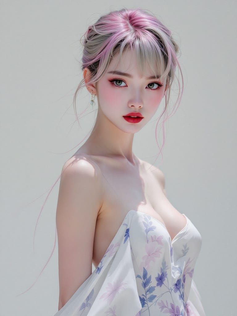 Pin-Up Woman with Pink-Tipped Hair in Luminous Precision Sty...