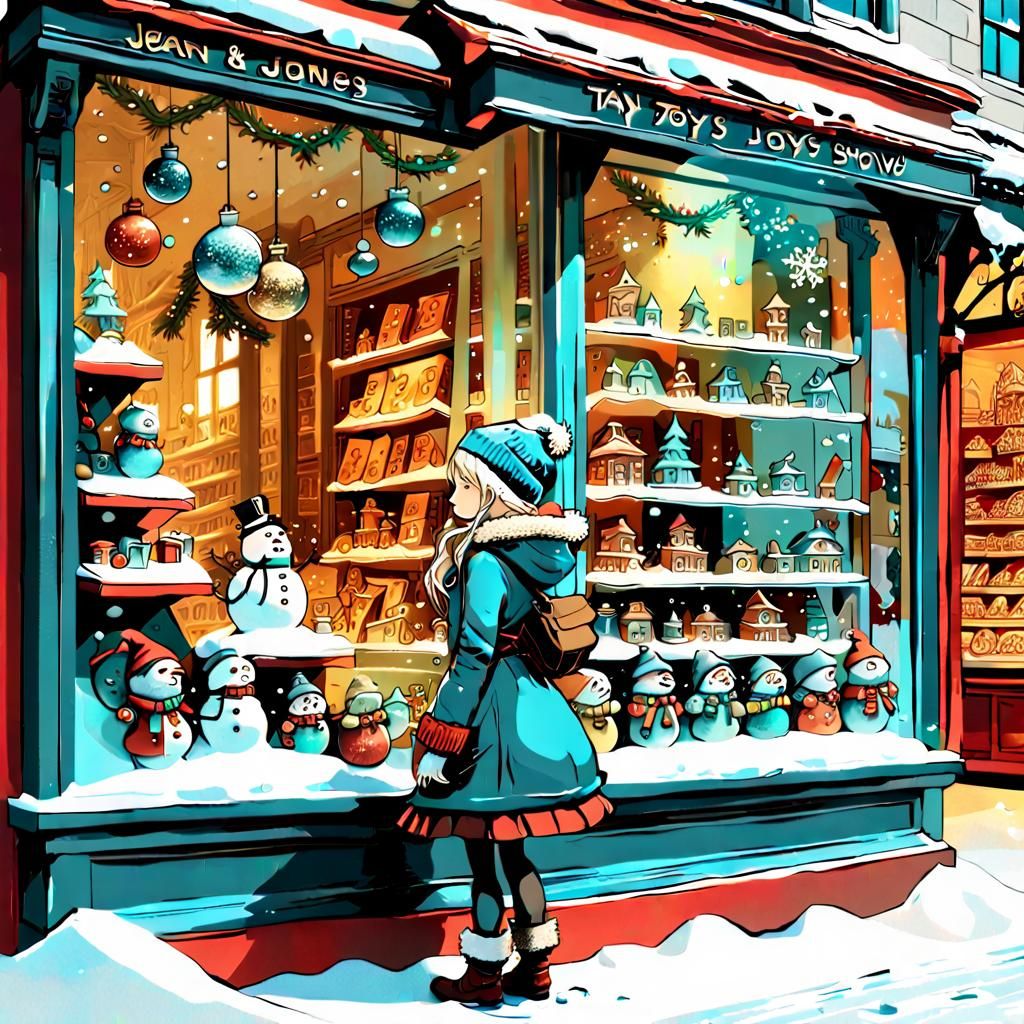 Girl Watches Toys in Christmas Window Display