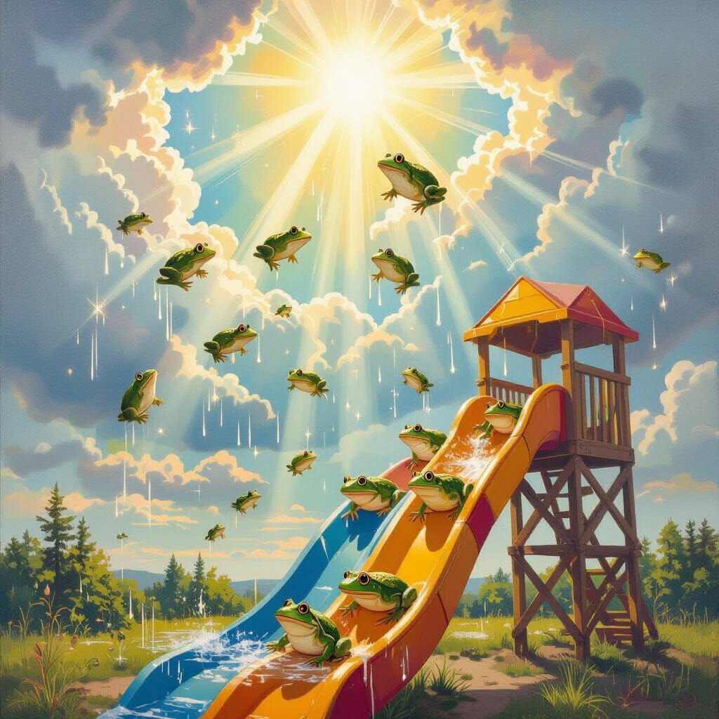 Surreal Maine Skies Rain Bullfrogs on Slide in Dreamlike Oil...