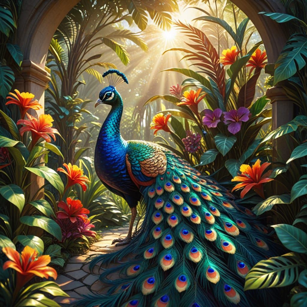 lora:Alcohol Ink Splash:0.5 surreal fantasy art beautiful stained glass peacock :: tropical flowers