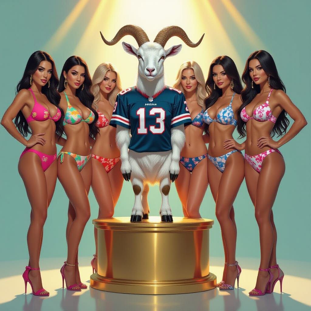 Women in Bikinis and Goat in Football Jersey on Pedestal