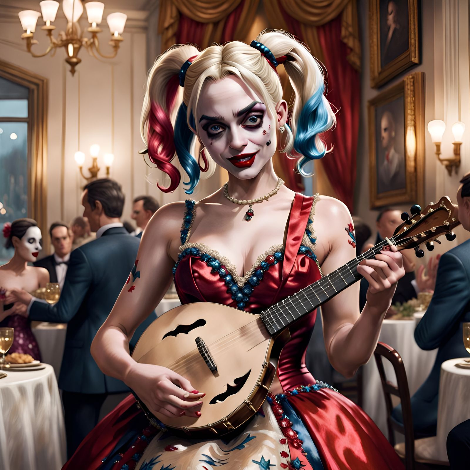 Hyperrealistic Harley Quinn Plays Mandolin in Gown