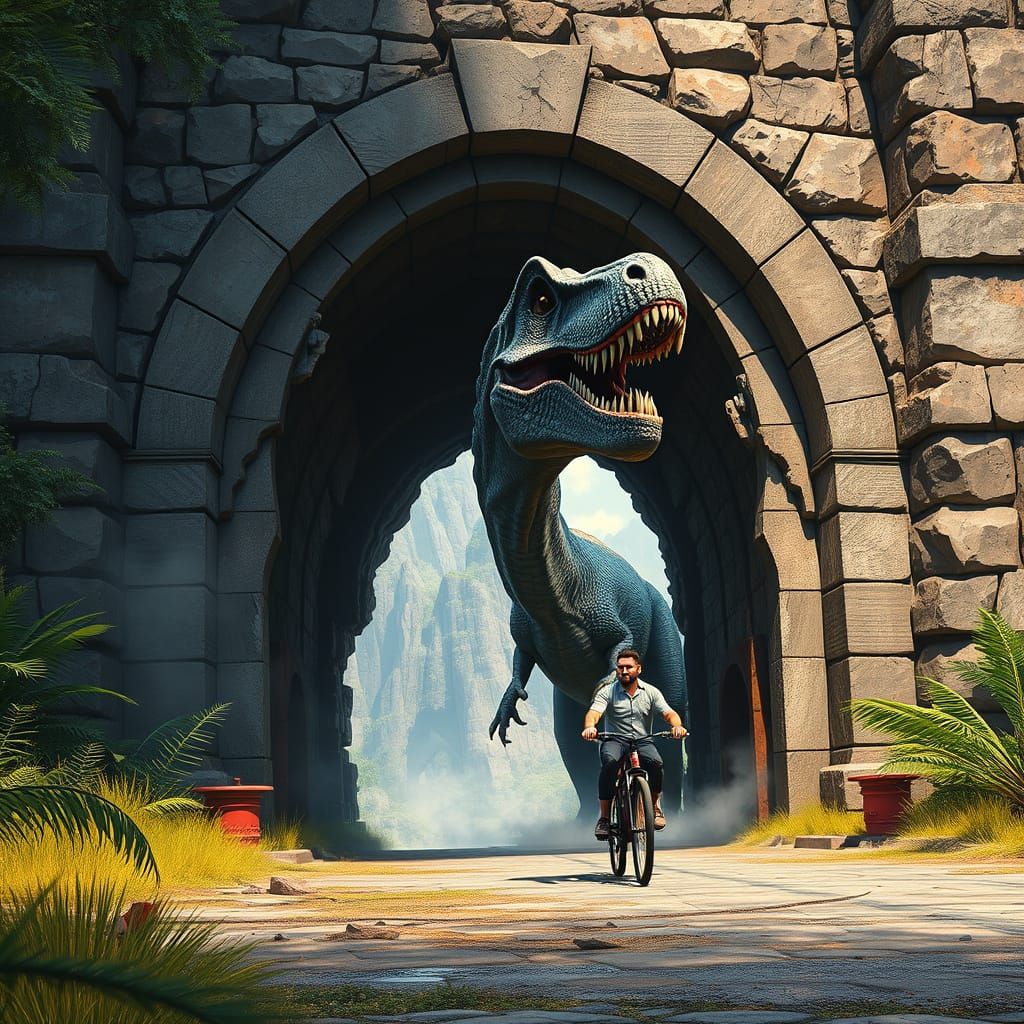 Dinosaur Emerging from Portal in Fantasy Landscape