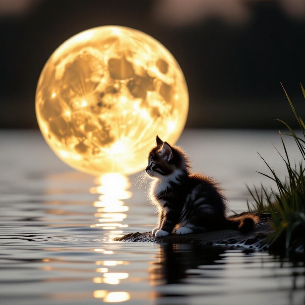 Kitten and Moonlight by Water