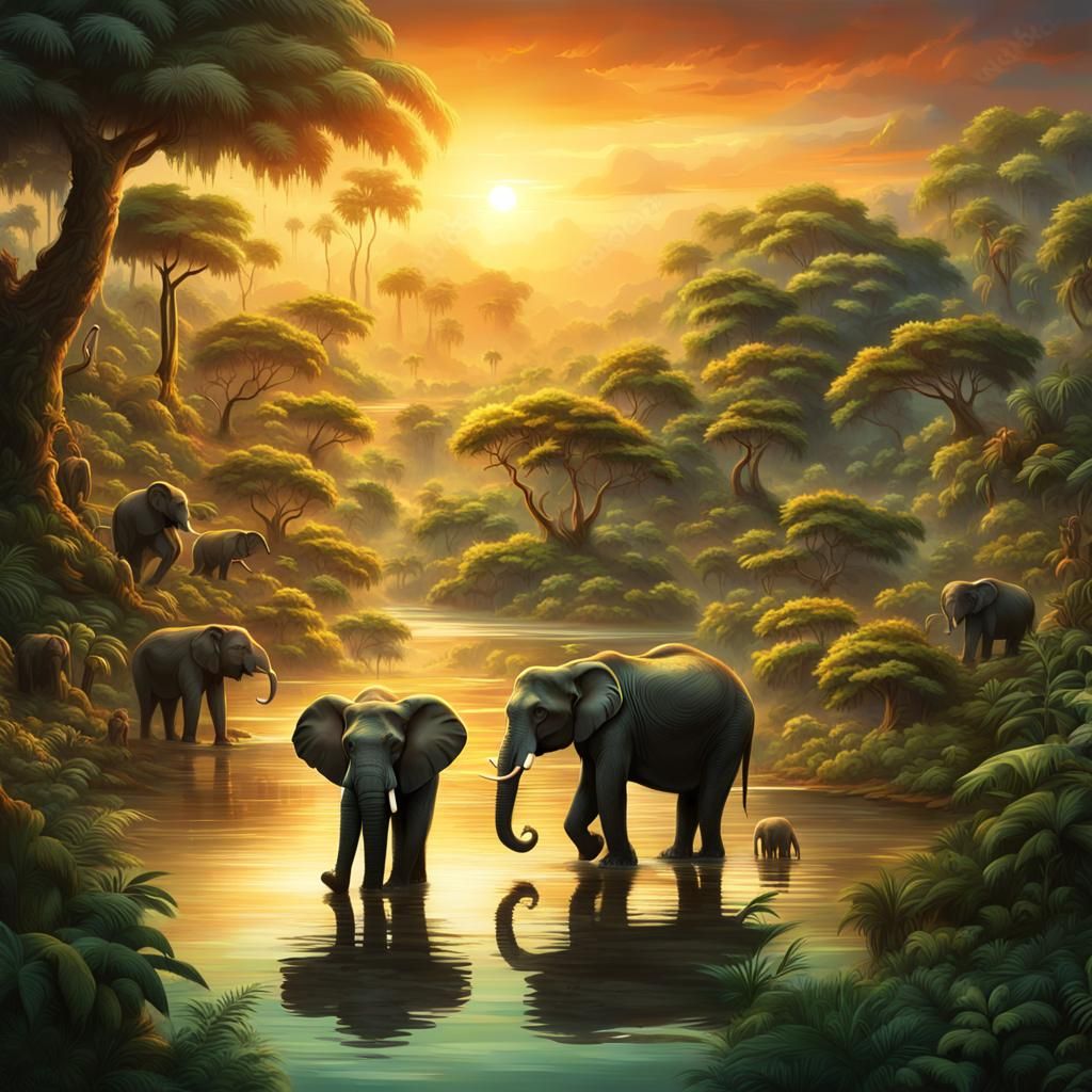 Sunset Jungle Scene with Monkeys and Elephants