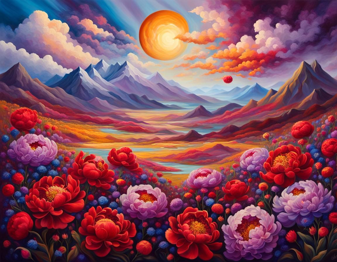 Surreal Landscape with Vibrant Flowers and Distant Planets