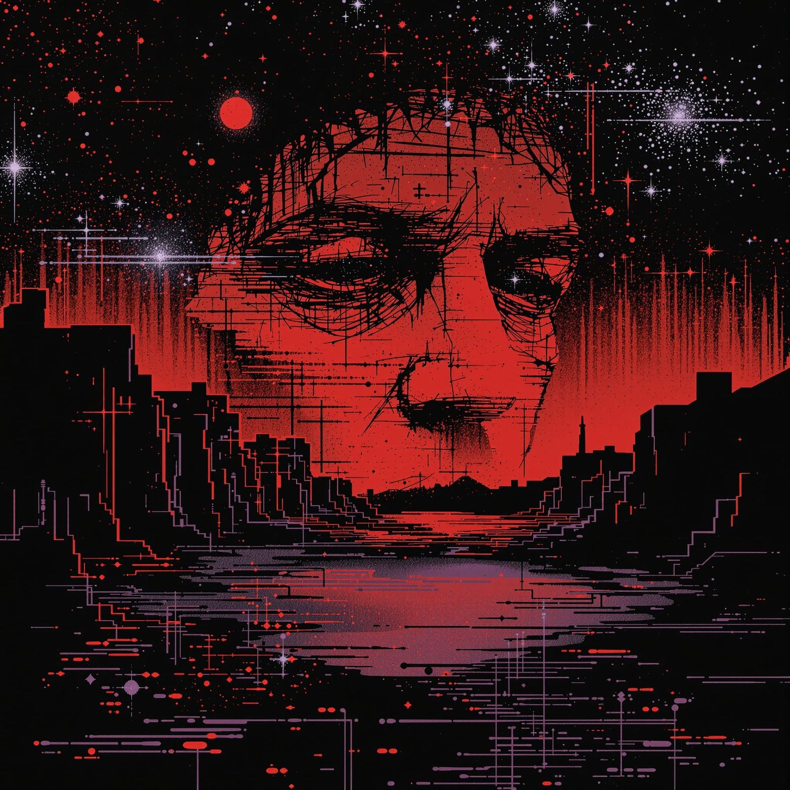 Glitchy Constellation Over Dark Force Landscape