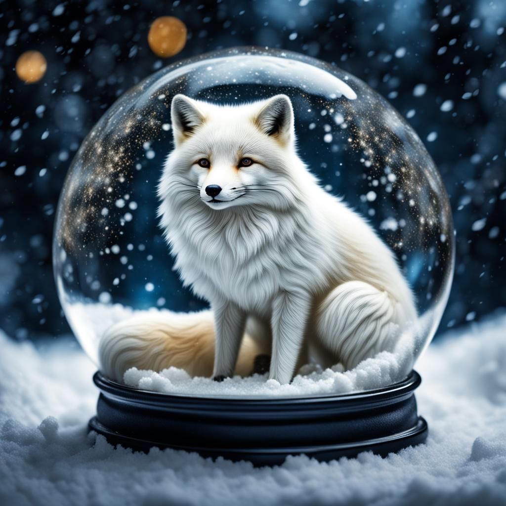 Fluffy White Fox in a Snow Globe