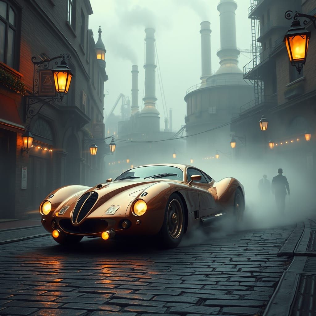 Aetherpunk Car Speeds Down Fog-Shrouded Street in Victorian-...
