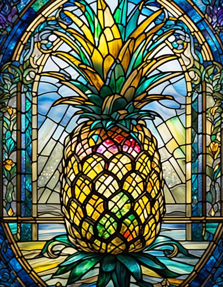 Stained Glass Pineapple in Tiffany Watercolor Style
