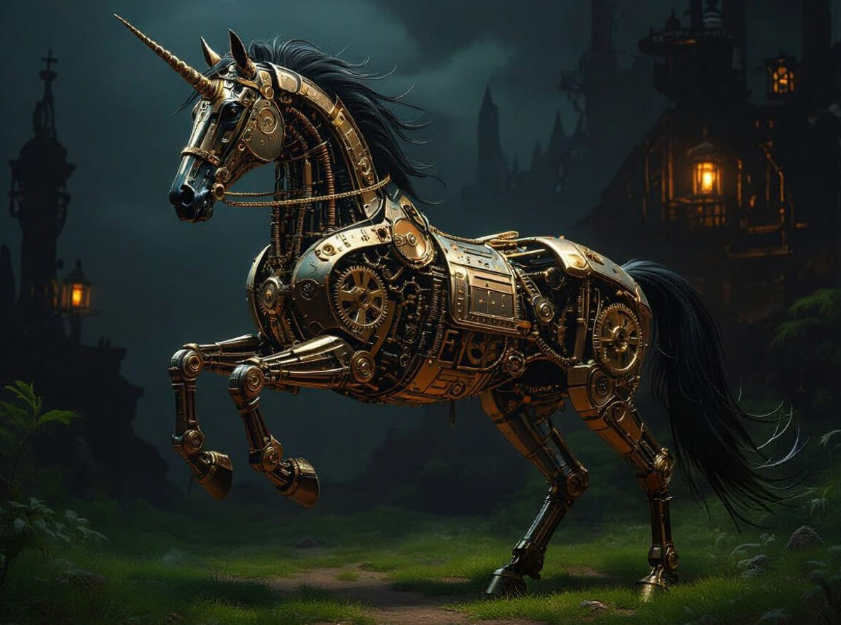Steampunk Horse Rearing in Eerie Landscape
