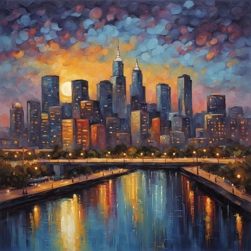 Minneapolis Cityscape Neo-Impressionist Oil Painting