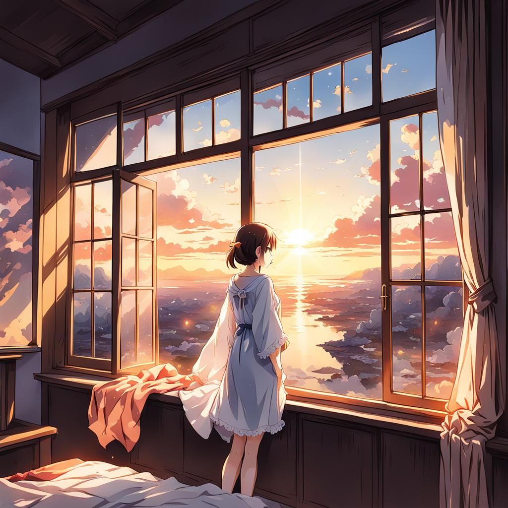 Anime Girl Gazing at Sunrise Through Window