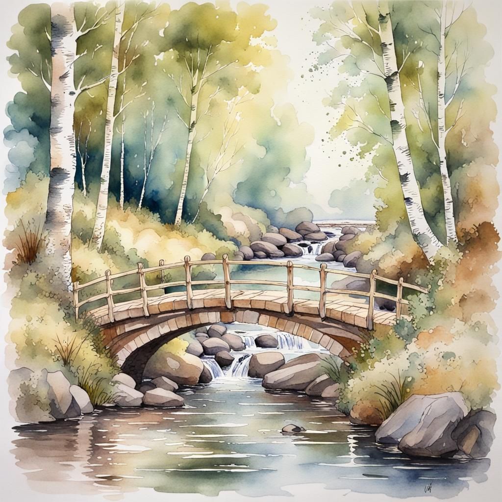 Victorian Watercolour Painting of a Birch Wood Stream