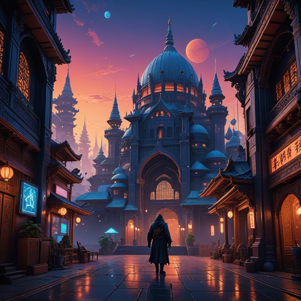 Mysterious Guitarist Unveils Vibrant Neon City