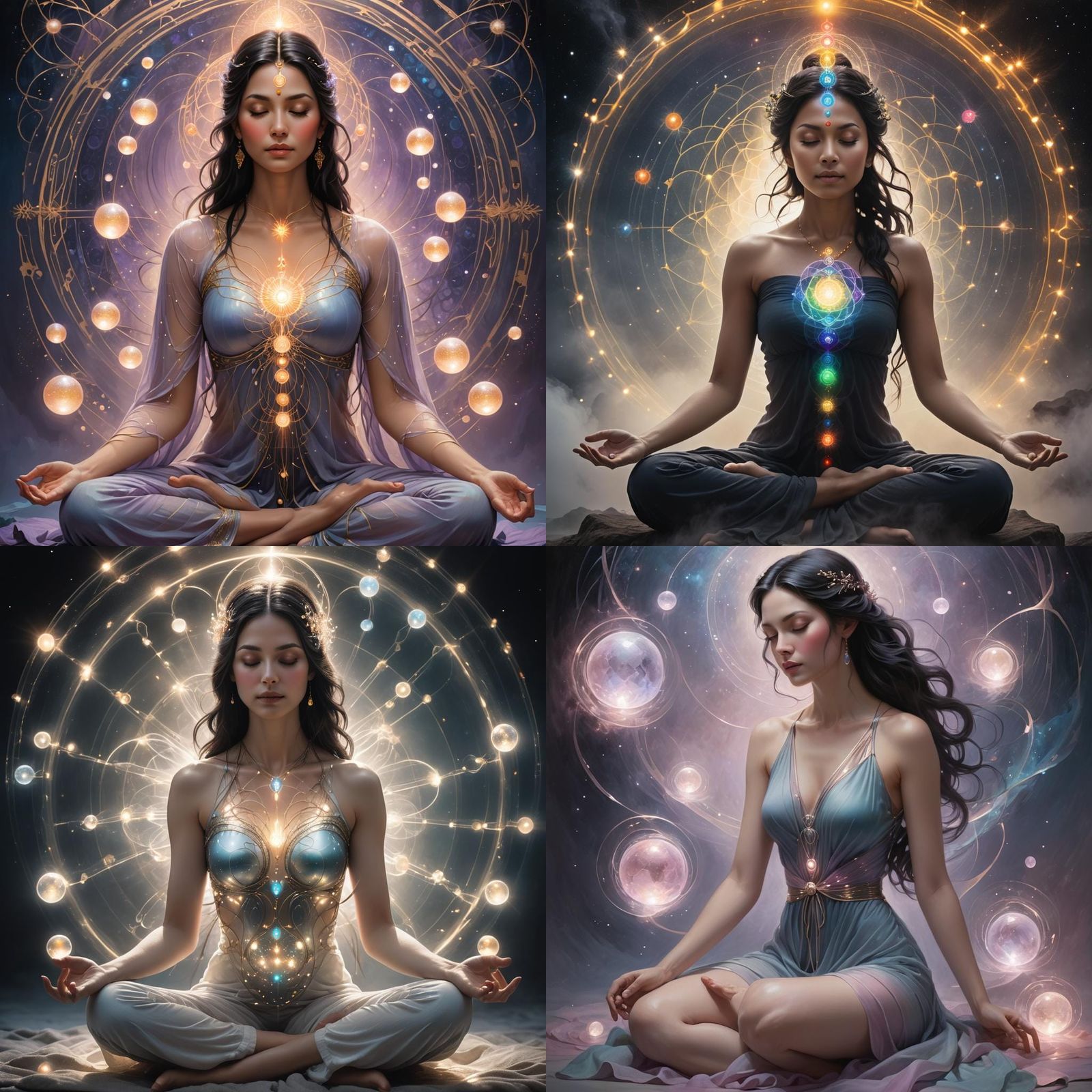 Meditating Woman Silhouette with Energy Orbs