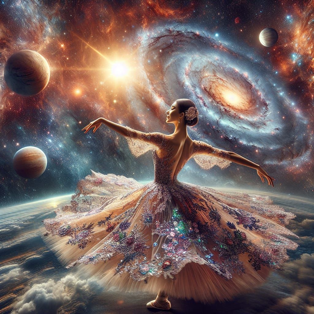 Ballerina's Cosmic Dance in Dreamlike Fantasy