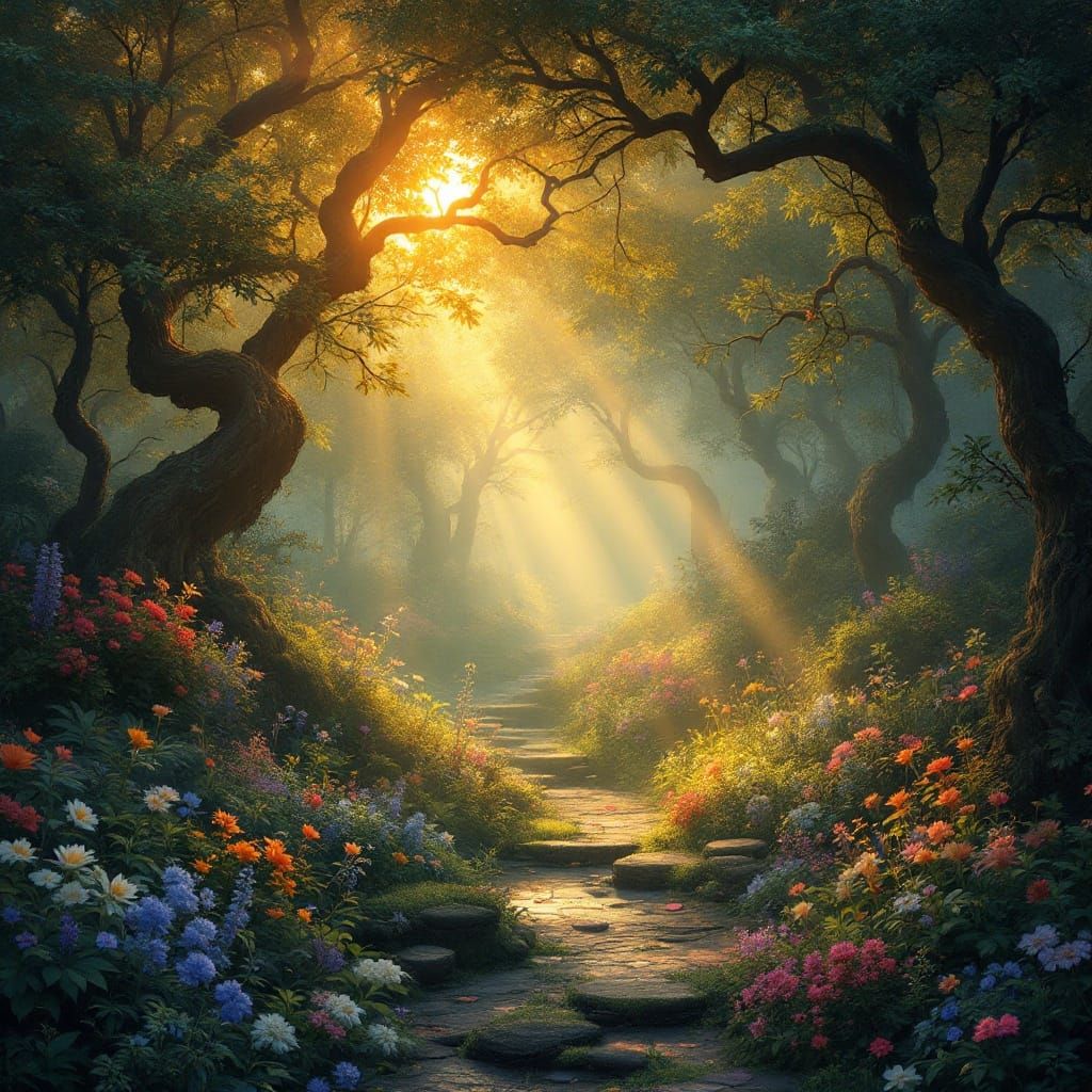 Ethereal Morning Garden in Whimsical Style