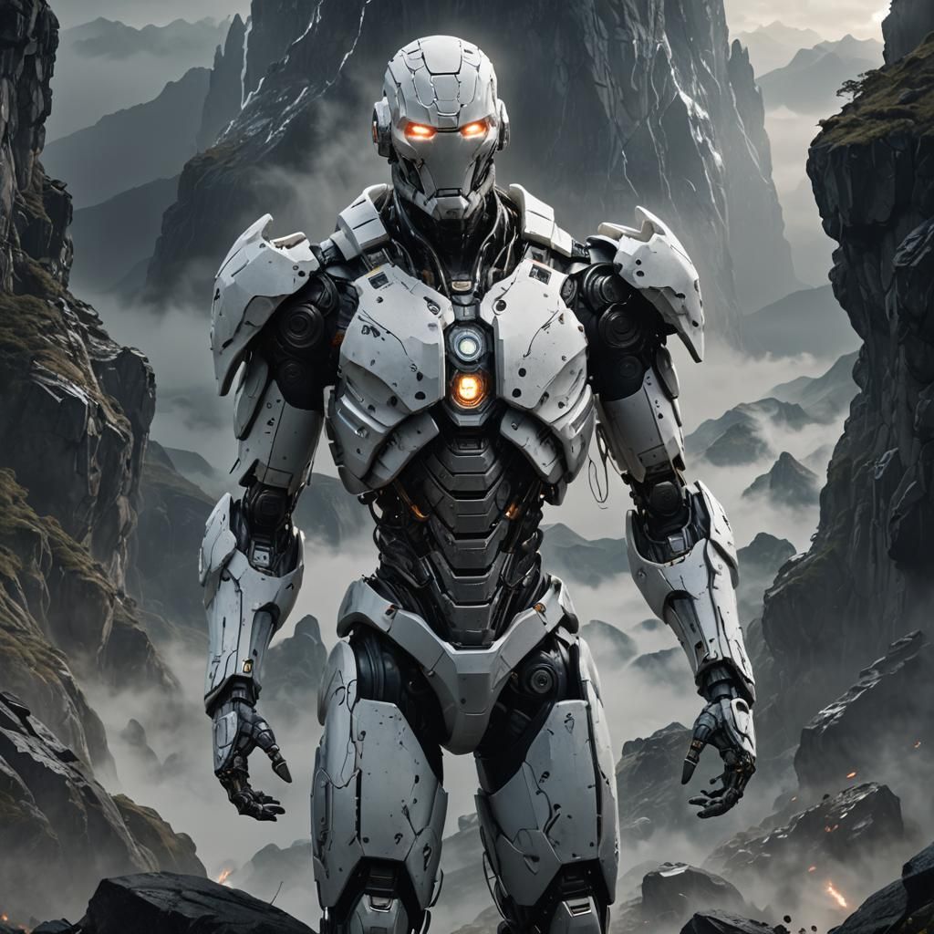 Heroic Stone Cyborg in Misty Landscape