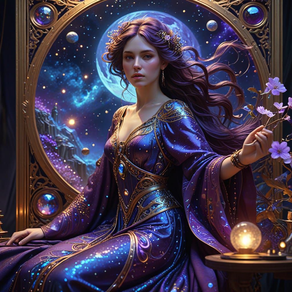 Celestial Seamstress Weaving Starlight Tapestries in Art Nou...