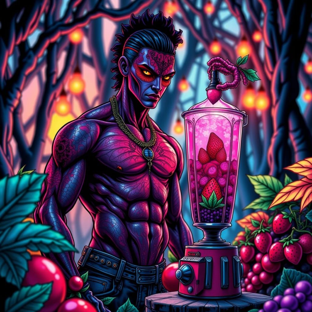 Muscular Rapper Blends Vibrant Smoothie, Comic Art Style