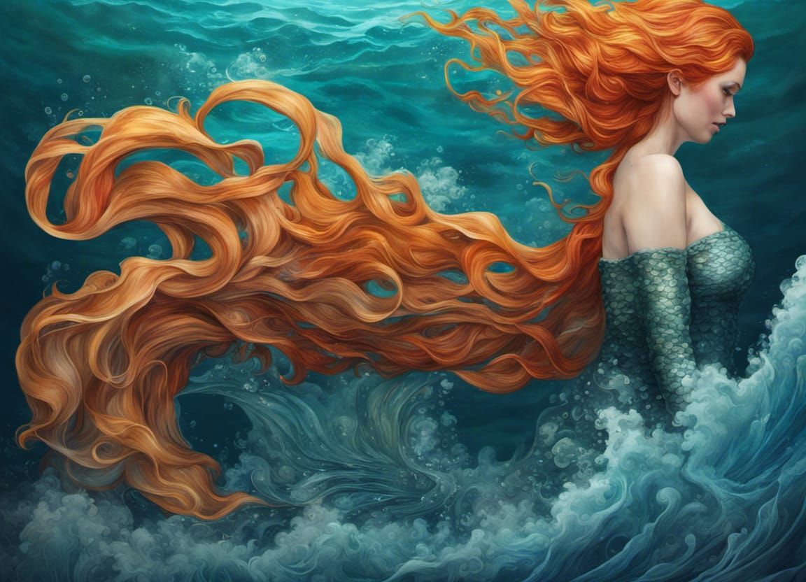 Mythical Ginger Mermaid Emerges from Ocean Wave