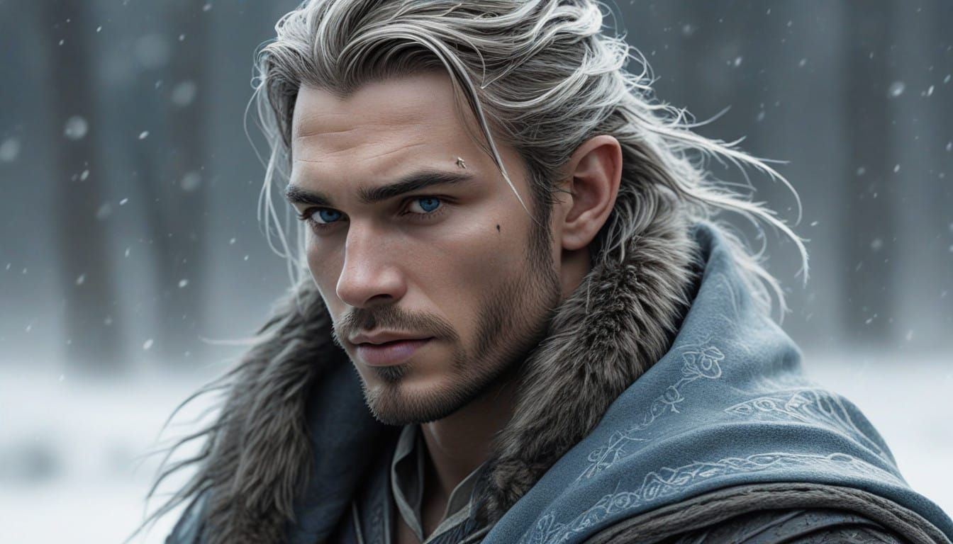 Strong Snow Elf Male in Winter Landscape