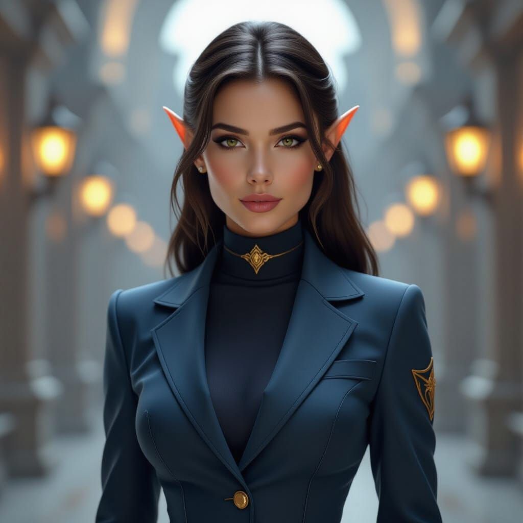 Elf Woman in Power Suit in Retro Sci-Fi Style