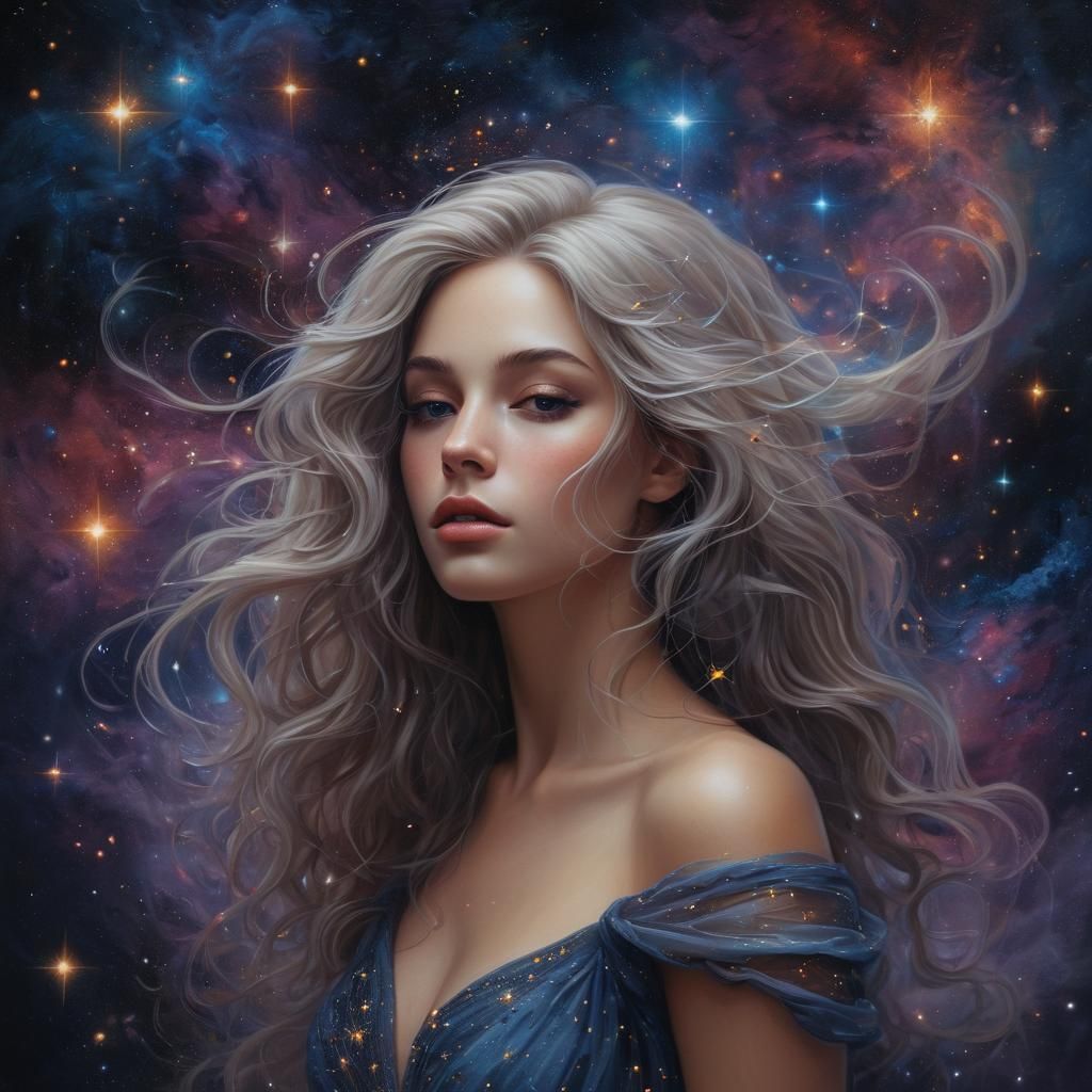 Cosmic Star Woman: Ethereal Oil Painting