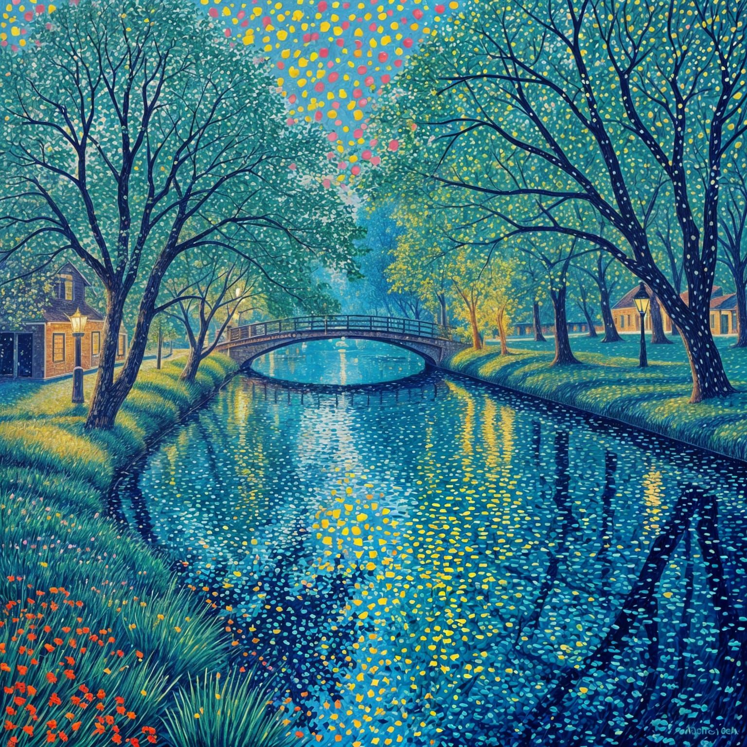 Serene riverside scene in the style of Pointillism.