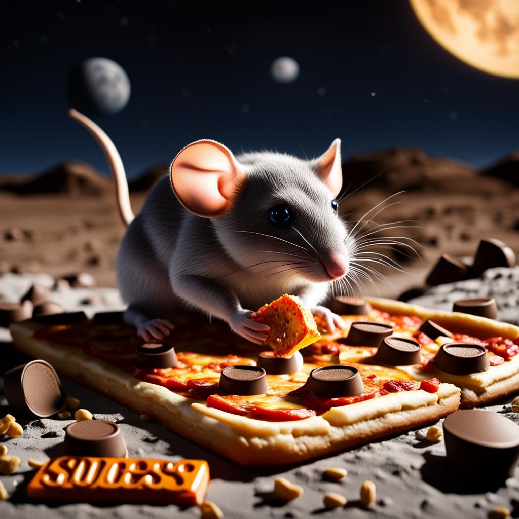Mouse Eats Pizza on the Moon: Hyperrealistic Photograph